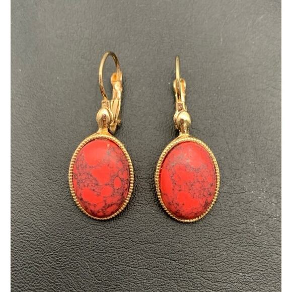 Vintage Monet Gold Tone Red Stone Clip Earrings Signed - Picture 1 of 4